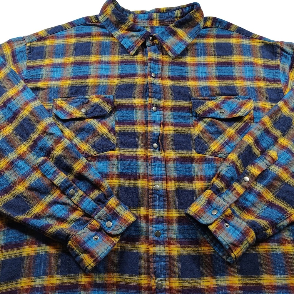 Harbor Bay Mens 3XL Blue Yellow Plaid Flannel Snap Button Shirt 100% Cotton‎